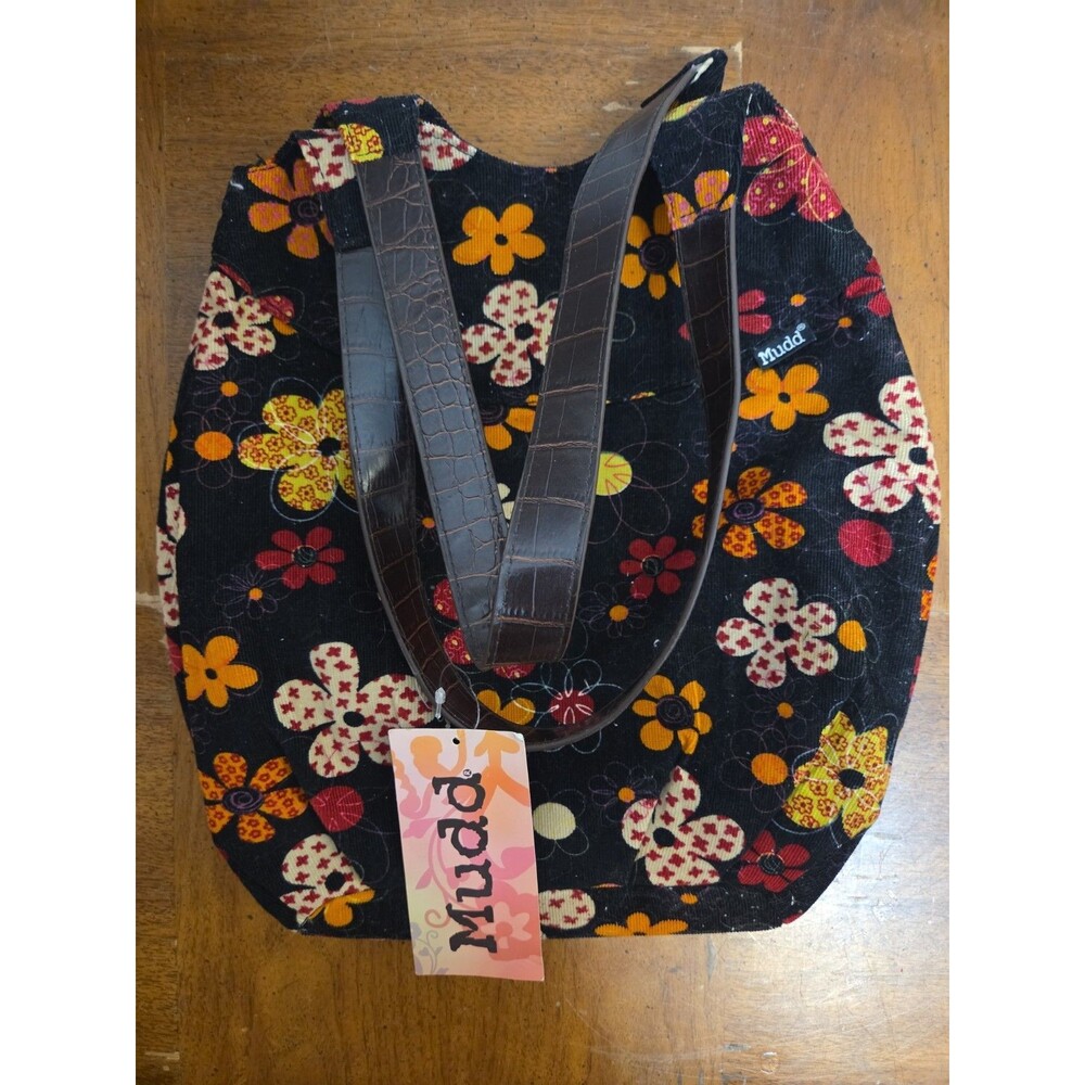 Mudd Shoulder Tote Bag Black Floral Corderoy Purse Boho Hippie Grunge Y2K Vntg